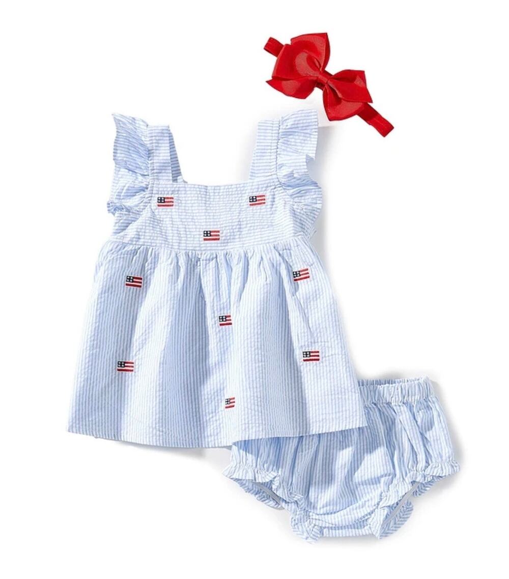 ADVENTUREWEAR 360 Baby Girl American Flag Striped Seersucker Outfit 6 MONTHS